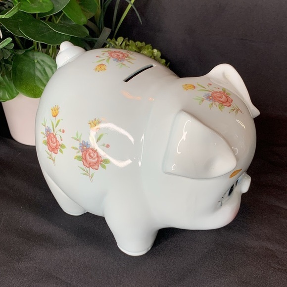 Vintage Hand Painted Lefton pale blue piggy bank with flowers - Picture 2 of 11